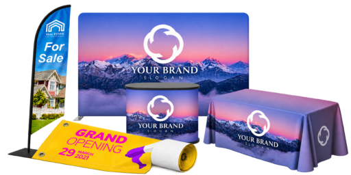 Event product examples: tension-fabric backdrop with podium, feather flag, banner, and table throw